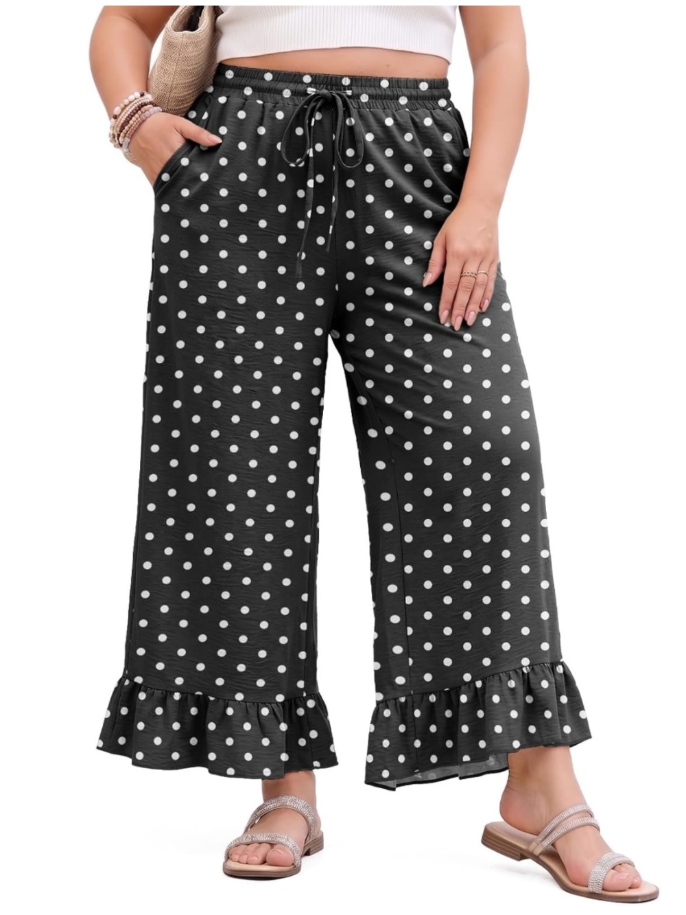 Feiersi Black White Polka Dot Wide Leg Pants Elastic High Waisted Ruffle Large